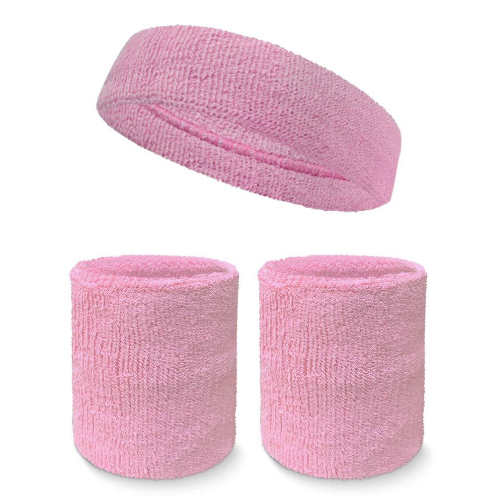 Couver Unisex Cotton Solid/Plain Sweatband Set(Headband x 1+ 4" Wristband x 2) for Sports - Light Pink