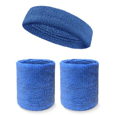 Couver Unisex Cotton Solid/Plain Sweatband Set(Headband x 1+ 4" Wristband x 2) for Sports - Cerulean Blue