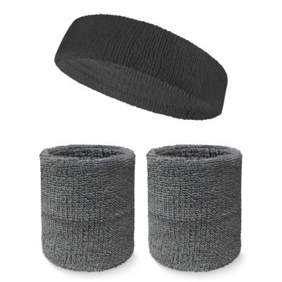 Couver Unisex Cotton Solid/Plain Sweatband Set(Headband x 1+ 4" Wristband x 2) for Sports - Charcoal