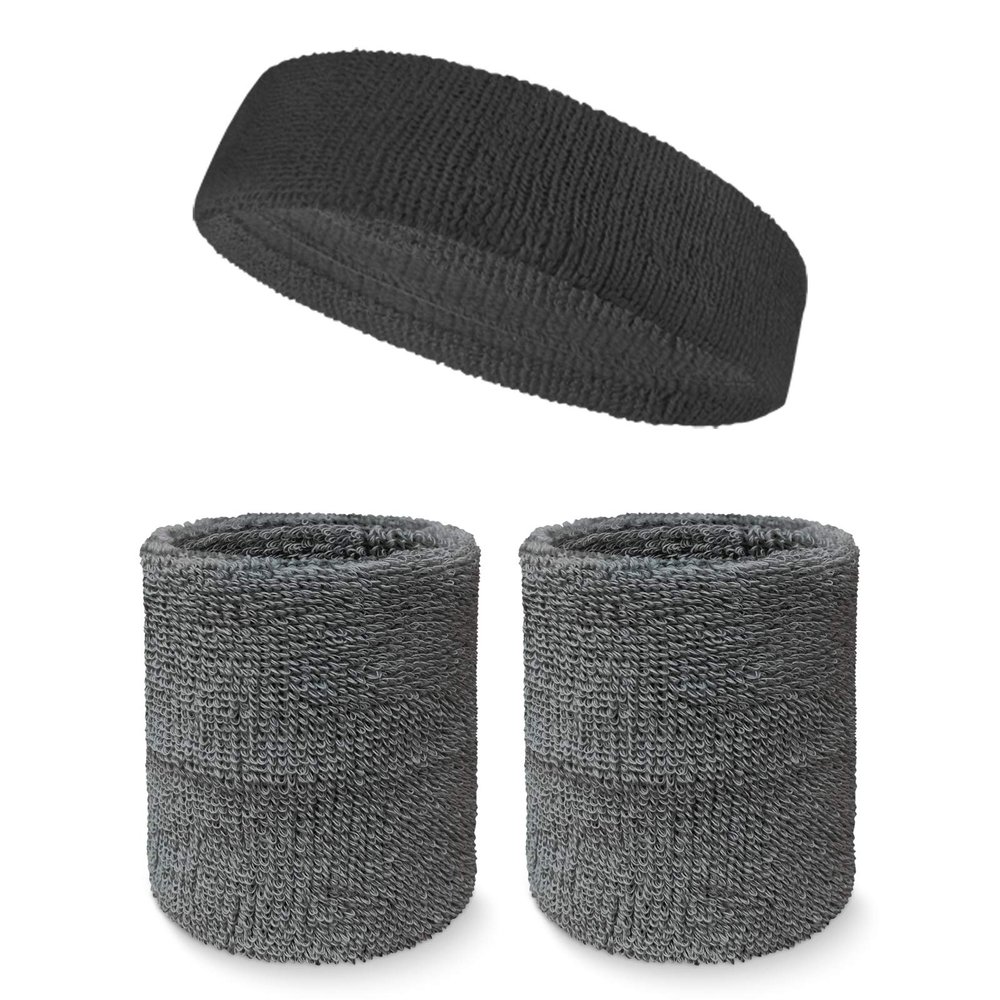 Couver Unisex Cotton Solid/Plain Sweatband Set(Headband x 1+ 4" Wristband x 2) for Sports - Charcoal
