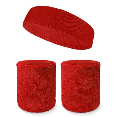 Couver Unisex Cotton Solid/Plain Sweatband Set(Headband x 1+ 4" Wristband x 2) for Sports - Red