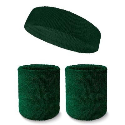 Couver Unisex Cotton Solid/Plain Sweatband Set(Headband x 1+ 4" Wristband x 2) for Sports - Dark Green