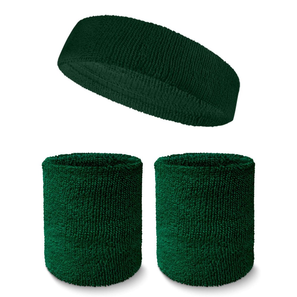 Couver Unisex Cotton Solid/Plain Sweatband Set(Headband x 1+ 4" Wristband x 2) for Sports - Dark Green
