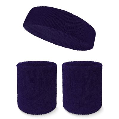 Couver Unisex Cotton Solid/Plain Sweatband Set(Headband x 1+ 4" Wristband x 2) for Sports - Dark Purple