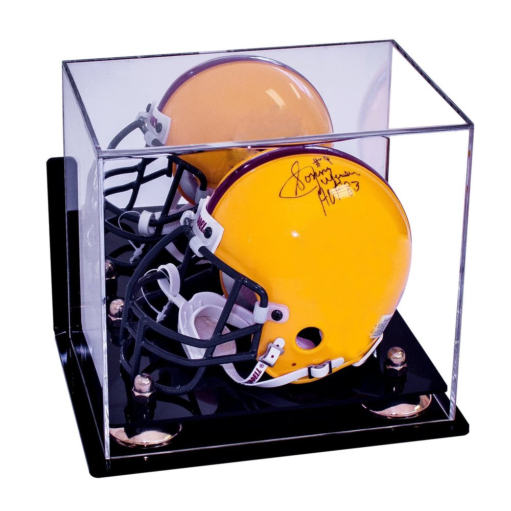 Better Display Cases Acrylic Mini - Miniature Football Helmet (not Full Size) Display Case with Mirror, Gold Risers and Black Base, Wallmount (A003-GR)