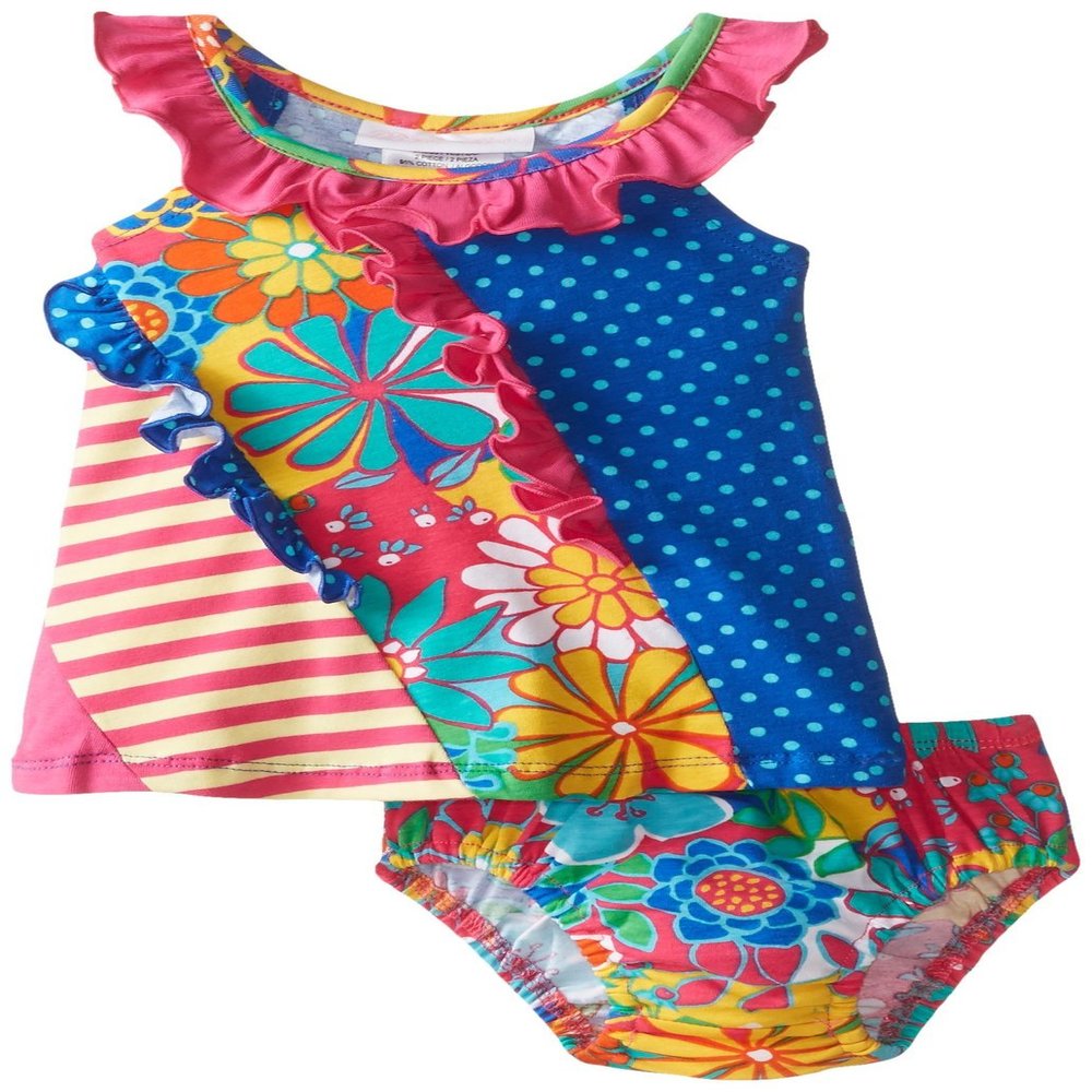 Bonnie Baby Baby Girls 3M-24M Asymmetric Mix Print Panel Knit Dress and Panty, Fuchsia, 12 Months