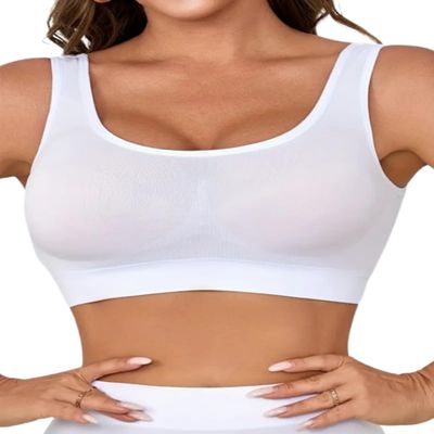 Boolavard Women's Seamless Sports Style Bra Crop Top Vest Stretch Shapewear (US, Alpha, Small, Regular, Regular, White)