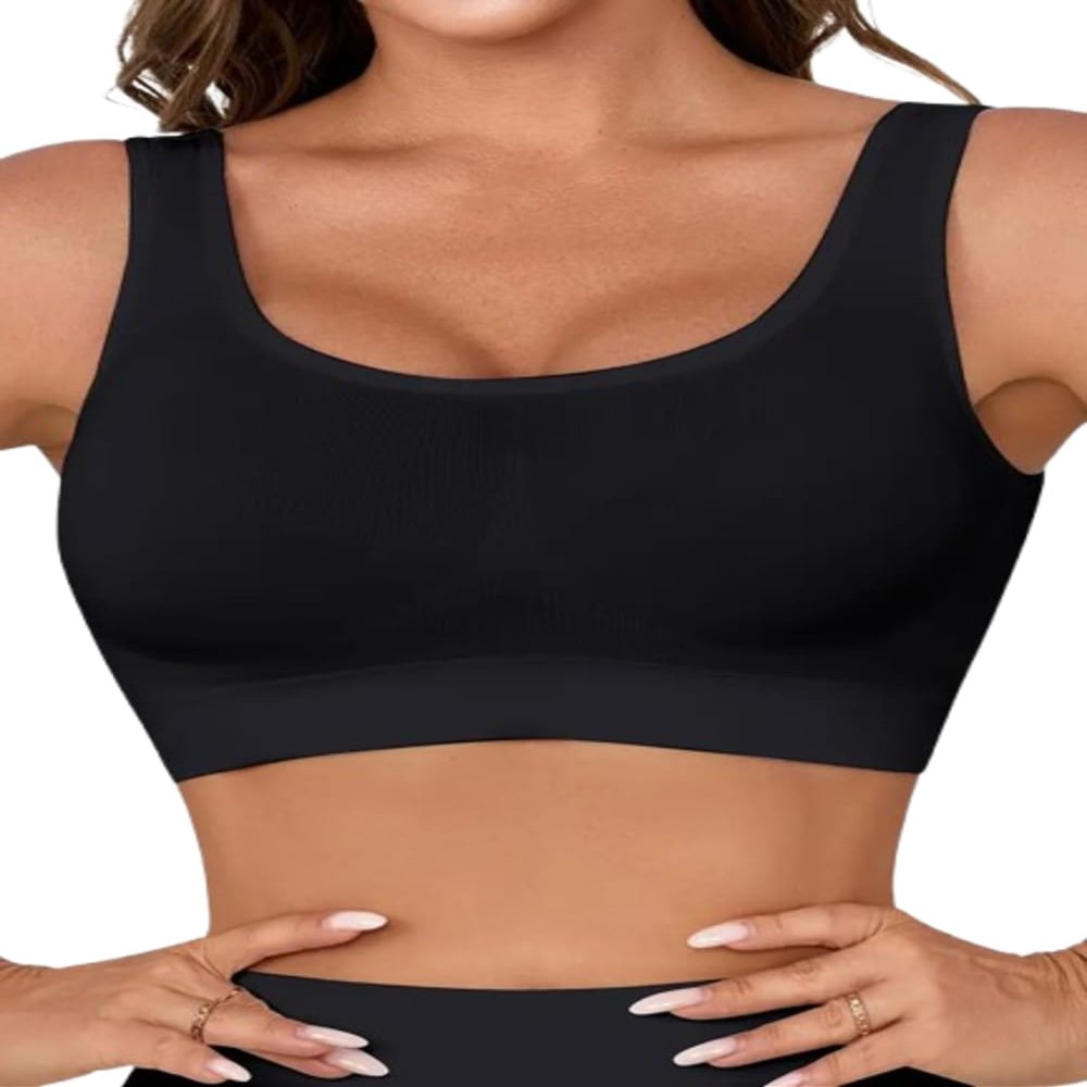 Boolavard Women's Seamless Sports Style Bra Crop Top Vest Stretch Shapewear (US, Alpha, Medium, Regular, Regular, Black)