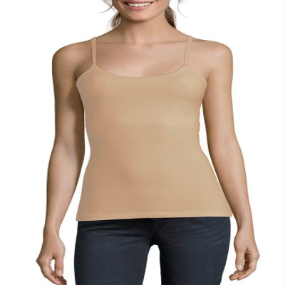 Active Cami Camisole Built in Shelf Bra Adjustable Spaghetti Strap Tank Top, Beige, s