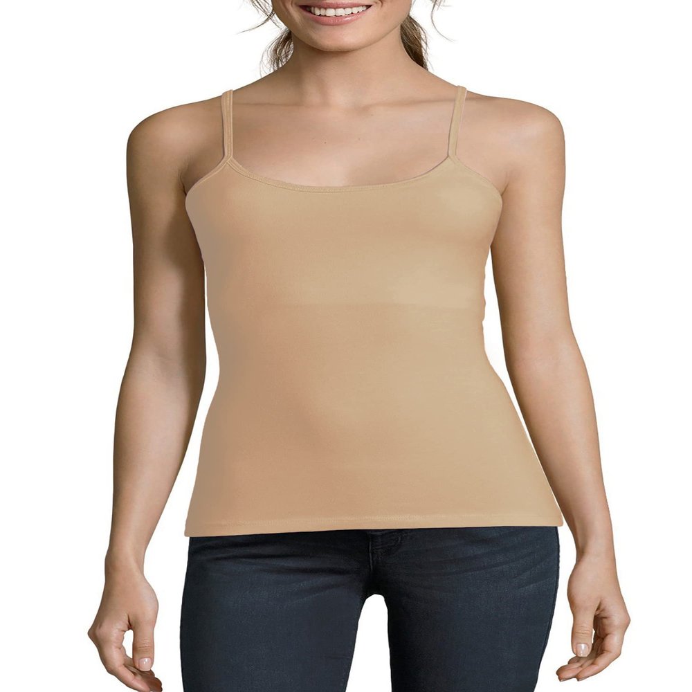 Active Cami Camisole Built in Shelf Bra Adjustable Spaghetti Strap Tank Top, Beige, s