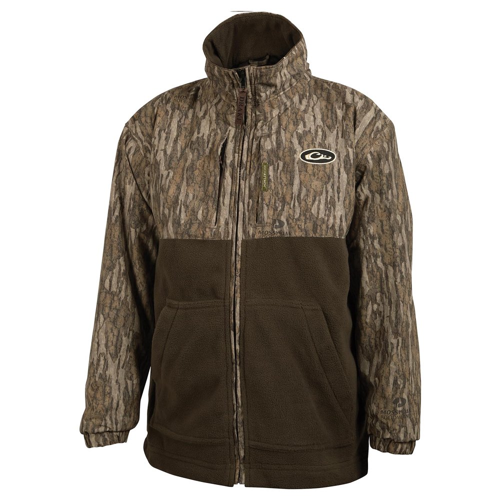 Drake Waterfowl Youth MST Eqwader Warm Moisture-Wicking Fleece Lined Waterproof Windproof Breathable Full-Zip Outdoor Jacket, Mossy Oak Bottomland, 10