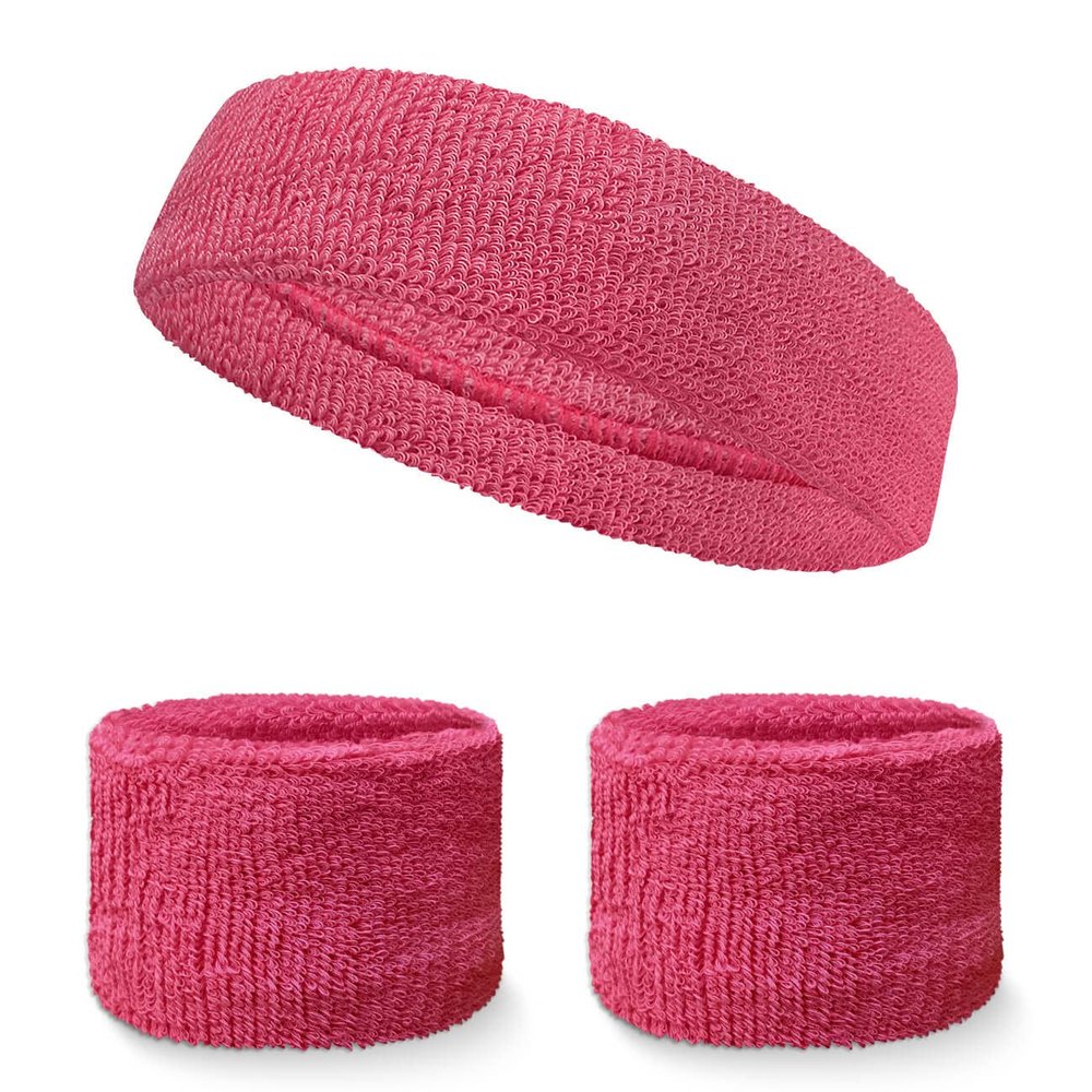 Couver Bright Pink Headband & Wristbands Set(3pc) - Ultra Absorbent Cotton Terry Cloth Athletic for Tennis, Basketball, Gym & Running