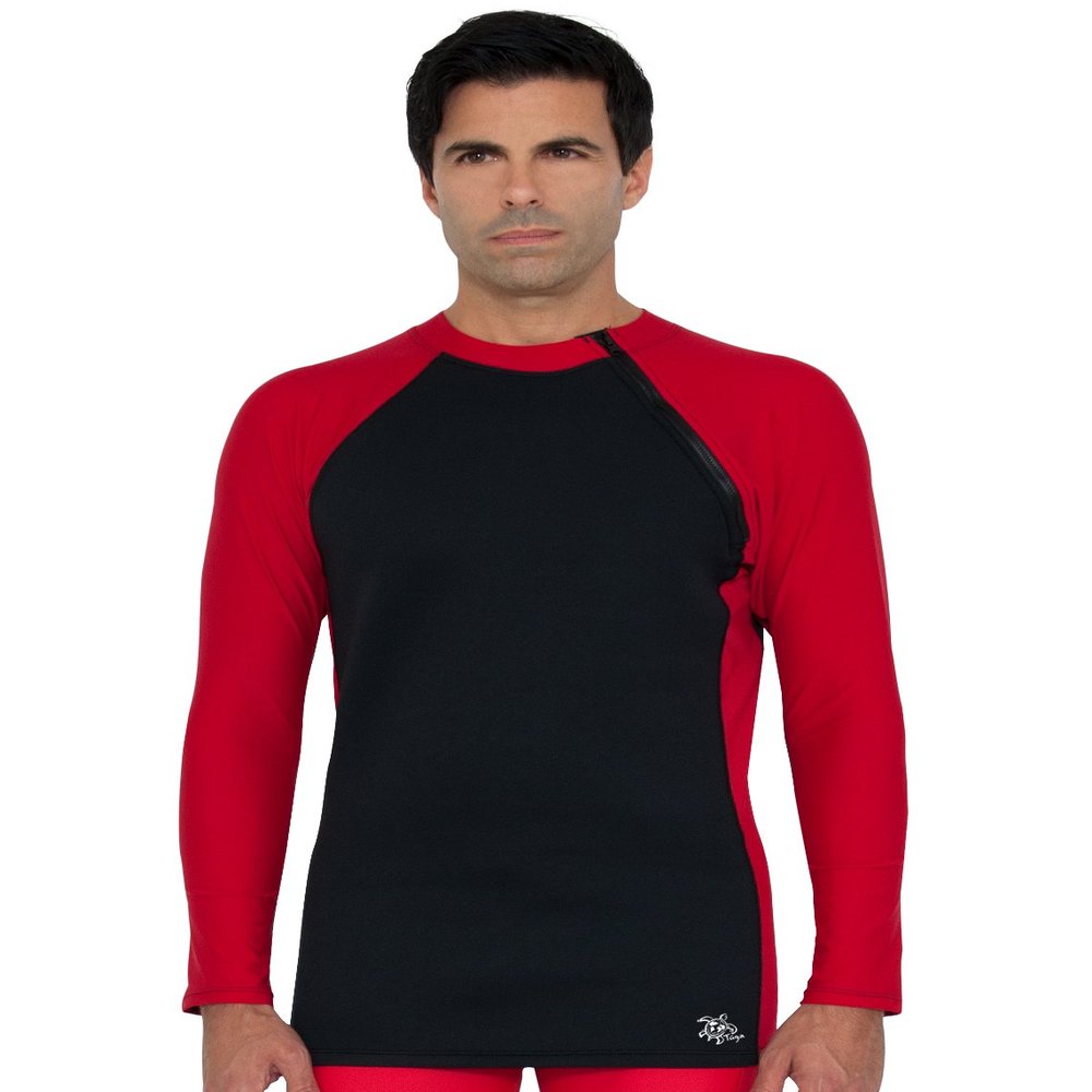 Tuga Men's Neoprene Wetsuit Hybrid Zip Top, Made in USA, Black/Red, Small