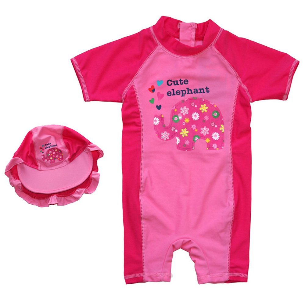 BIKMAN Girls Cute Elephant Swimsuit One-Piece Short Sleeve Rashguard (XL(2-3 Years Old)) Rose Red