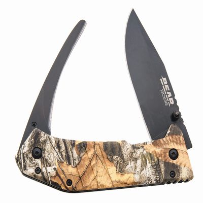Bear Edge Double Blade Guthook, 440 Stainless Steel Blade with Black Finish, Camo Handle, Sideliner Lock, Pocket Clip (61522)