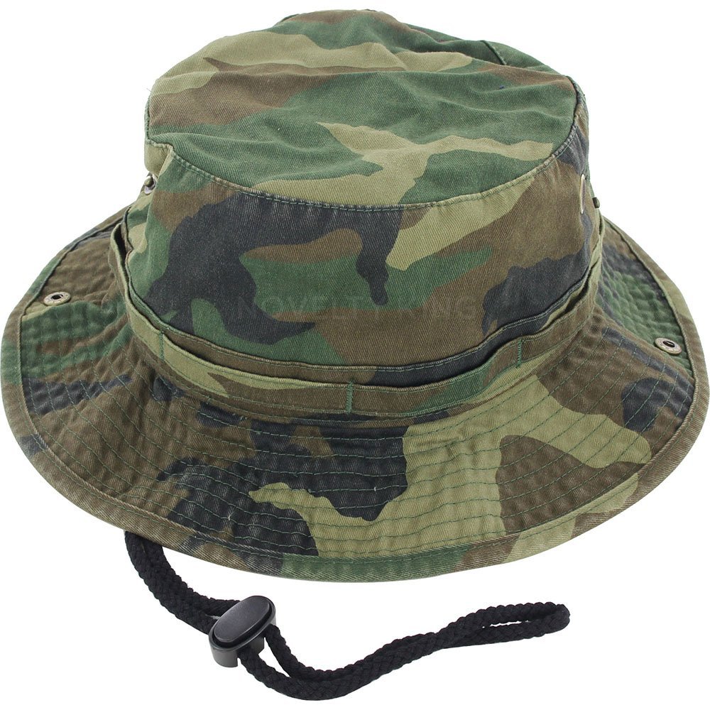 100% Cotton Boonie Fishing Bucket Hat with String ,Woodland Camo ,Small/Medium