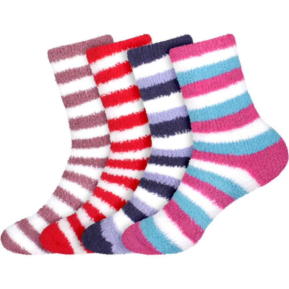 BambooMN Women's Super Soft Warm Microfiber Cozy Fuzzy Comfy Home Stripe Socks - 4 Pairs - Assortment S1-3