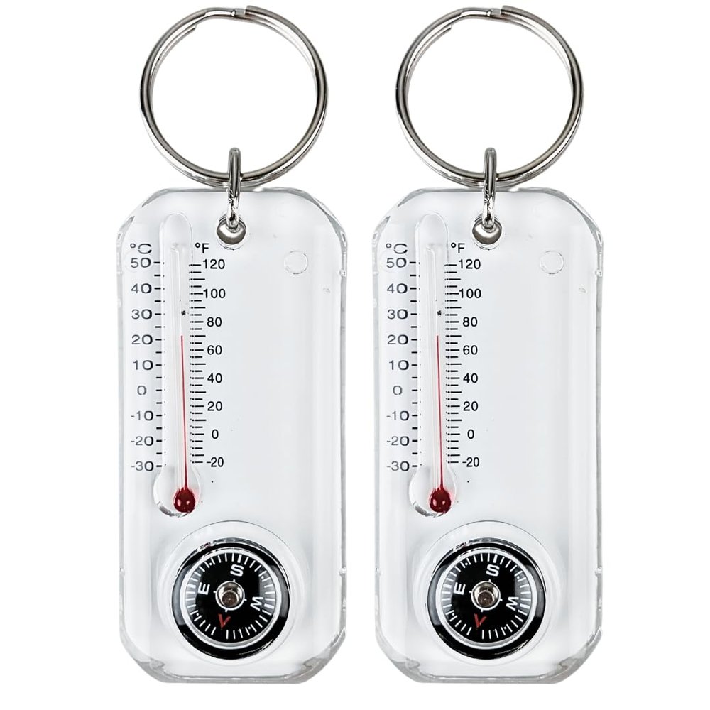 ADROIT (2 Pack) Mini Thermometer & Compass | 2.5" x 1" Size (6.4 cm x 2.5 cm) | Precise 0.5 Compass (1.3 cm) & 1.5" Thermometer (3.8 cm) | -30C to 120F Range | Includes Keyring