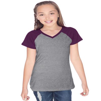 Kavio! Big Girls 7-16 Sheer Jersey Contrast V Neck Raglan Short Sleeve Dark H.Gray/Pinot XL