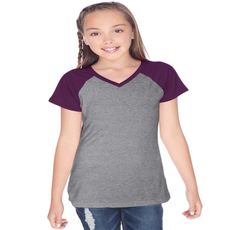 Kavio! Big Girls 7-16 Sheer Jersey Contrast V Neck Raglan Short Sleeve Dark H.Gray/Pinot XL