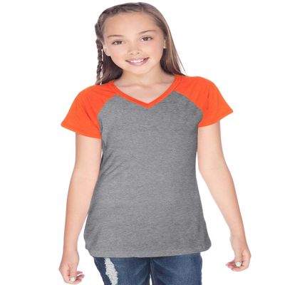 Kavio! Big Girls 7-16 Sheer Jersey Contrast V Neck Raglan Short Sleeve Dark H.Gray/V.Orange XL