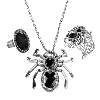 AMSCAN Suit Yourself Spider Jewelry Set for Adults, 3 Pieces, Includes Black Gemstone Necklace, Cuff Bracelet, and Ring
