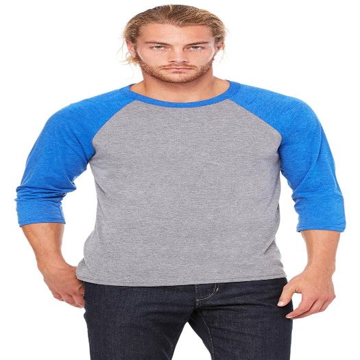 Bella Canvas 3/4-Sleeve Baseball T-Shirt (3200) Grey/True Royal Triblend, XL