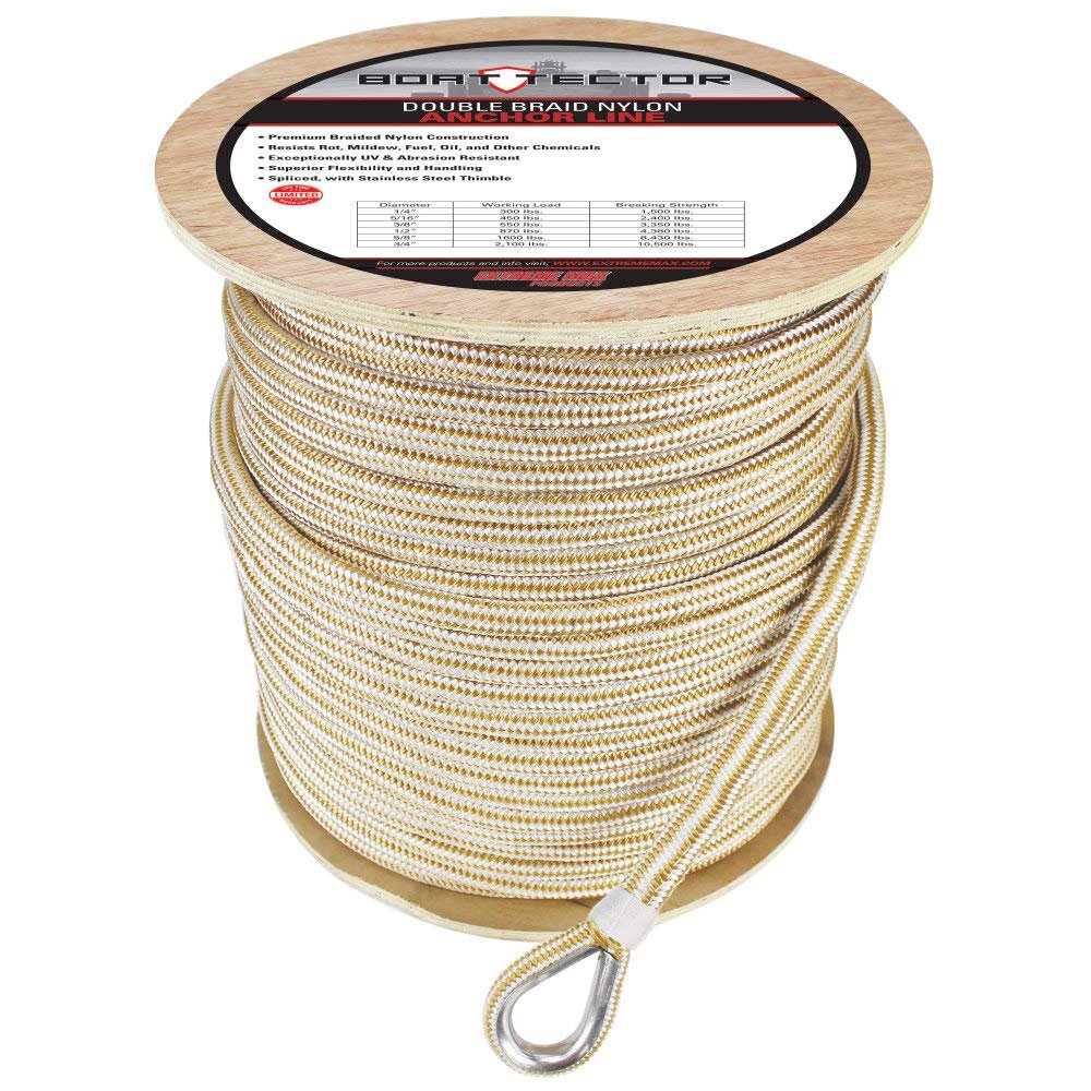 Extreme Max 3006.2282 BoatTector Premium Double Braid Nylon Anchor Line with Thimble - 5/8" x 600', White & Gold