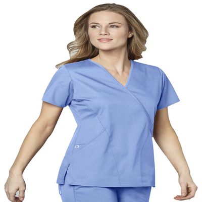 WonderWink Womens Wonderwork Mock Wrap Top Medical-Scrubs-Shirts, Ceil Blue, X-Small US