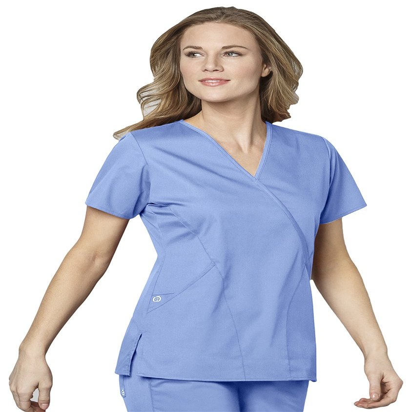 WonderWink Womens Wonderwork Mock Wrap Top Medical-Scrubs-Shirts, Ceil Blue, X-Small US