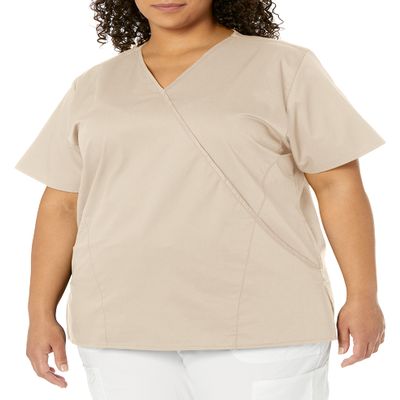 WonderWink Women's Wonderwork Mock Wrap Scrub Top, Khaki, Medium