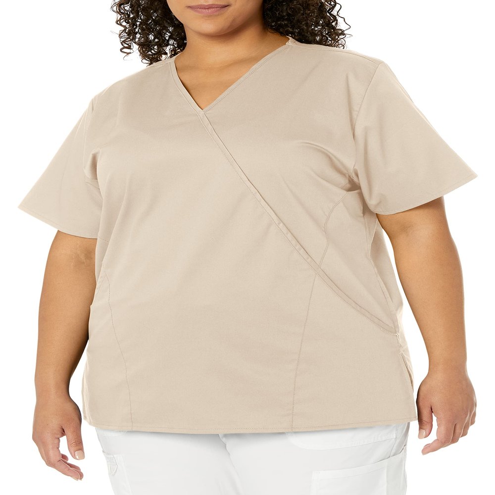 WonderWink Women's Wonderwork Mock Wrap Scrub Top, Khaki, Medium