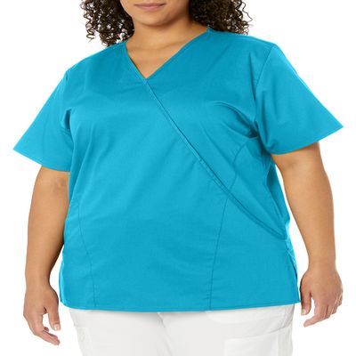 WonderWink Women's Wonderwork Mock Wrap Scrub Top, Teal, Medium