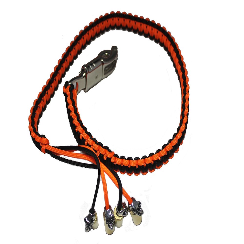 Biker Whip 36" Black and Orange Silver Punisher Skulls .45 Cal Casing