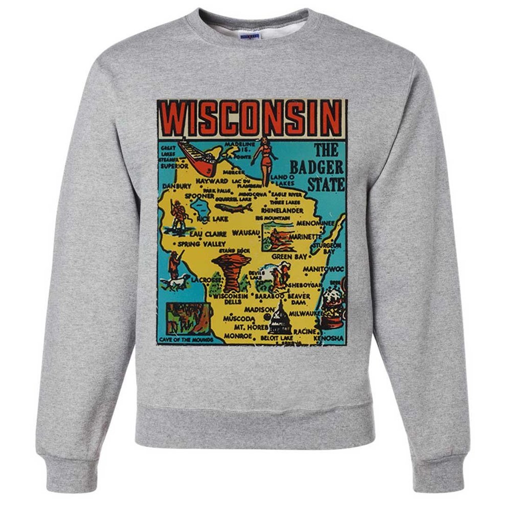 Vintage State Sticker Wisconsin Crewneck Sweatshirt - Ash Small