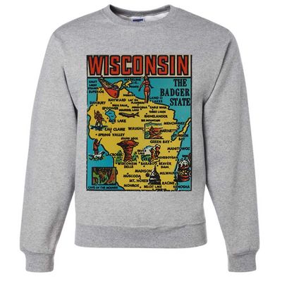 Vintage State Sticker Wisconsin Crewneck Sweatshirt - Ash X-Large