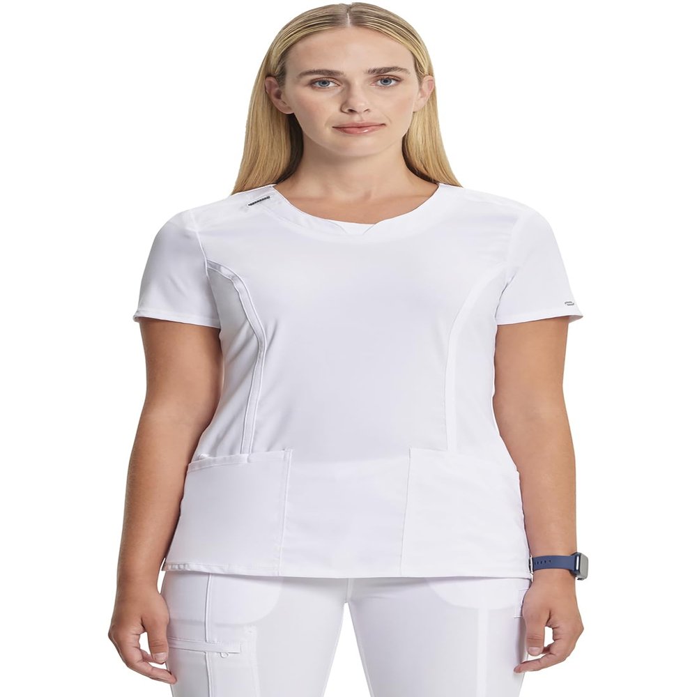 Cherokee Infinity Scrubs for Women Round Neck Scrub Top with 3 Pockets & 360 Stretch 2624A, XL, White