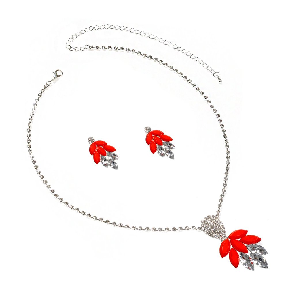 topwholesalejewel Silver Light Siam Opaque Stone Dangle Necklace & Matching Dangle Earrings Jewelry Set