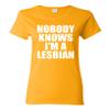 Ladies Nobody Knows I'm A Lesbian Funny T-Shirt Tee (Medium, Gold) view 1