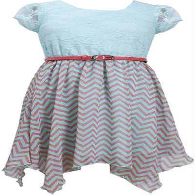 Bonnie Jean Little Girls Crochet Lace to Printed Chiffon Sharkbite Hem Dress, Aqua/Chevron Stripe, 5