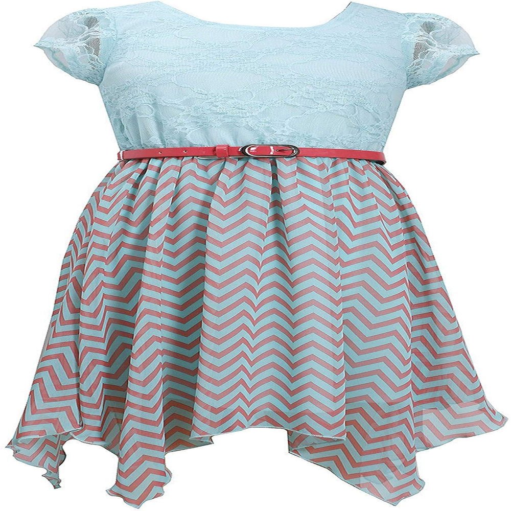 Bonnie Jean Little Girls Crochet Lace to Printed Chiffon Sharkbite Hem Dress, Aqua/Chevron Stripe, 5