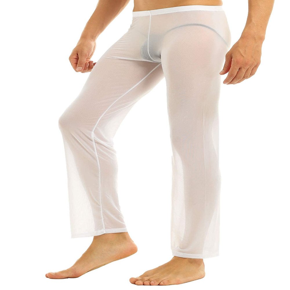 iEFiEL Mens Mesh See Through Home Lounge Pants Nightwear (M, White)
