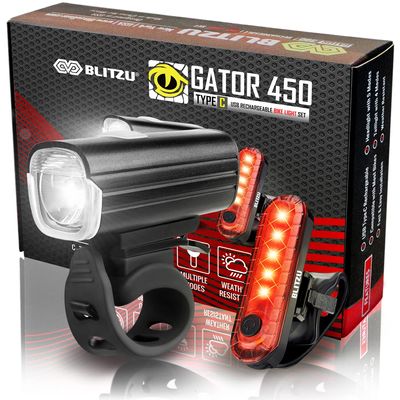 BLITZU Bike Lights Set Gator 450 LED USB-C Rechargeable Headlight & Rear Taillight with Front and Back Bike Reflectors Bicycle Accessories for Night Riding, Men & Kids
