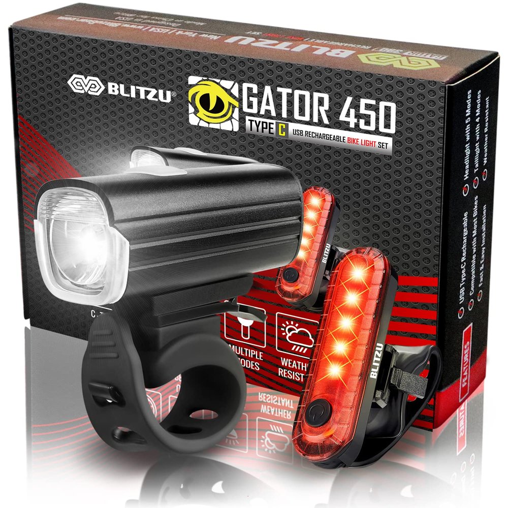 BLITZU Bike Lights Set Gator 450 LED USB-C Rechargeable Headlight & Rear Taillight with Front and Back Bike Reflectors Bicycle Accessories for Night Riding, Men & Kids