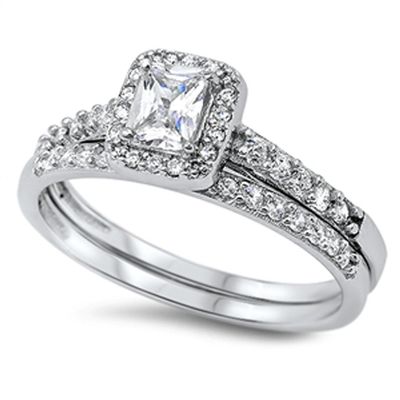 Wedding Set White Halo Unique Ring New .925 Sterling Silver Band Size 10