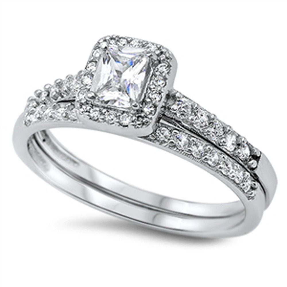 Wedding Set White Halo Unique Ring New .925 Sterling Silver Band Size 10