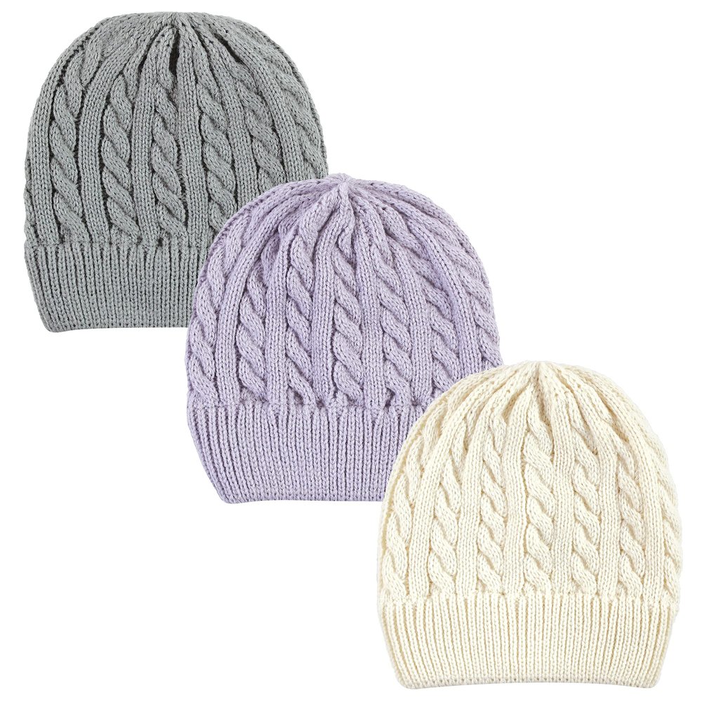 Hudson Baby Unisex Baby Knit Cuffed Beanie 3pk, Lilac Cream, Youth