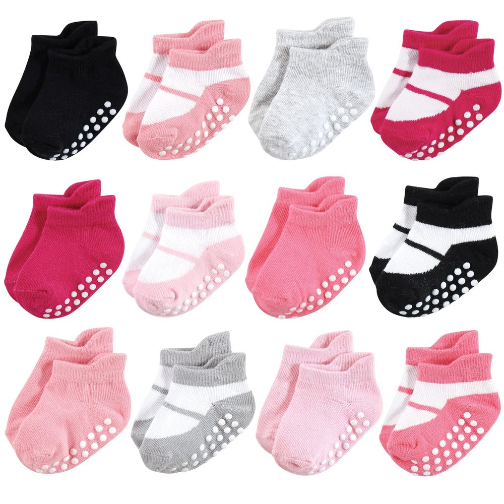 Hudson Baby Unisex Baby Non-Skid No-Show Socks, Pink Black, 2-4 Toddler