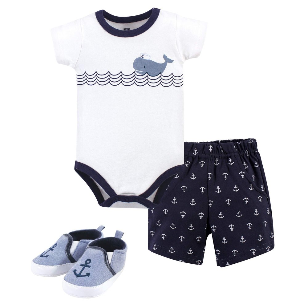 Hudson Baby baby boys Cotton Bodysuit, Shorts and Shoe Layette Set, Blue Sailor Whale, 3-6 Months US