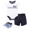 Hudson Baby baby boys Cotton Bodysuit, Shorts and Shoe Layette Set, Blue Sailor Whale, 3-6 Months US view 1